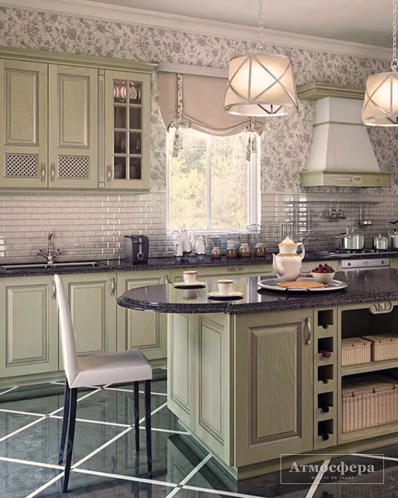 Алебастр — Светлая классика с островом и тёмной столешницей