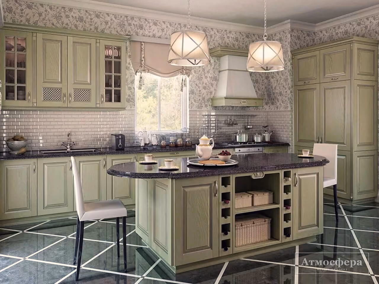 Алебастр — Светлая классика с островом и тёмной столешницей